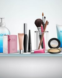 Makeup cosmetics accessories and beauty moisturizing products on bathroom wall glass shelf realistic image poster vector illustration